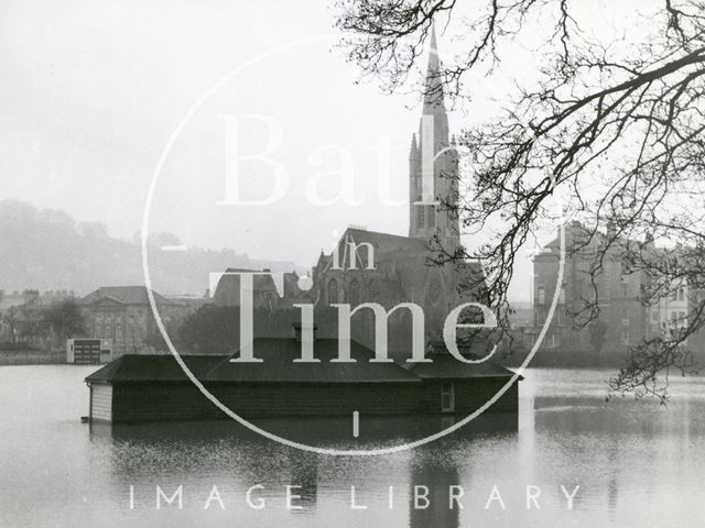 A view across the flooded cricket ground during the Bath Floods, Bath 1960