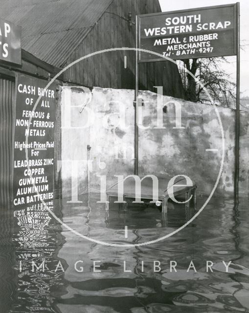 The flooded premises of South Western Scrap Merchants, 17 to 20, St. John's Road, Bath 1960