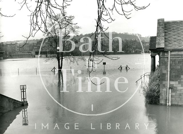 The flooded Recreation Ground and Pavilion, Bath 1960