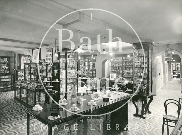 Interior of the grooming department of a large hairdressers, possibly Jolly's or Hatt's, Bath 1949