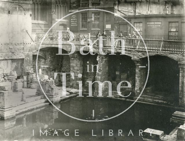 Spectators look down at the recently uncovered Roman Great Bath, east view, Bath c.1890