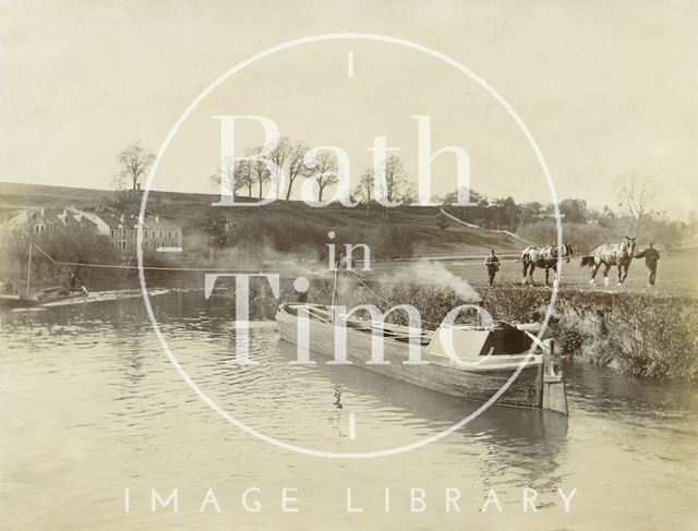 Horses pulling a narrow boat by line on the Avon Navigation near the Shallows, Saltford c.1900