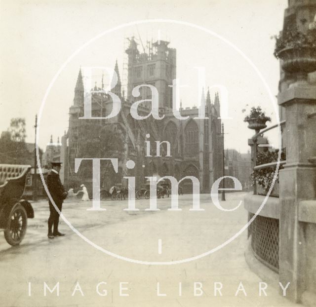 Bath Abbey having its pinnacles replaced c.1906