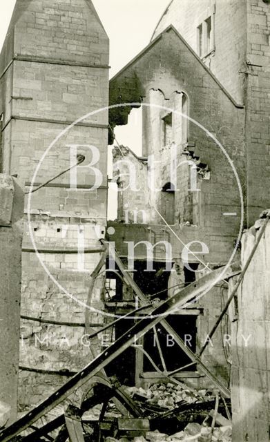 Interior of an unidentified church or school in Bath, devastated during the Bath Blitz 1942