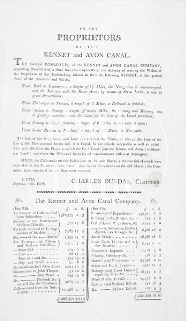 Notice to the Proprietors of the Kennet and Avon Canal from Charles Dundas 1803