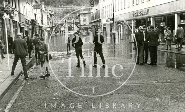 The high water mark in Southgate Street, Bath during the floods 1968