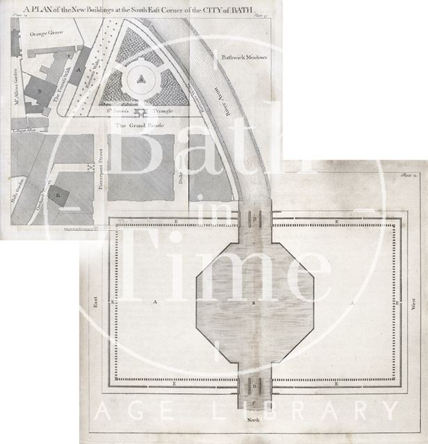 The Royal Forum in Bath combined with John Wood's map of the Parades development 1749