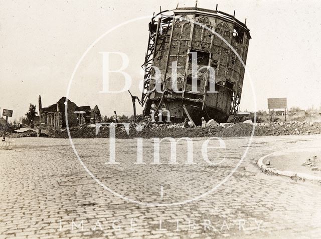 Gasometer turned upside down by shell at Ypres, Belgium c.1916-1920