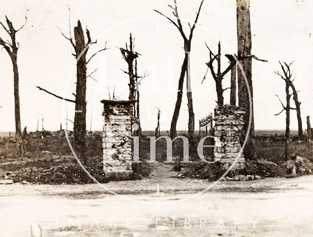 Gates of the White Chateau and burned out trees, Ypres, Belgium c.1916-1920