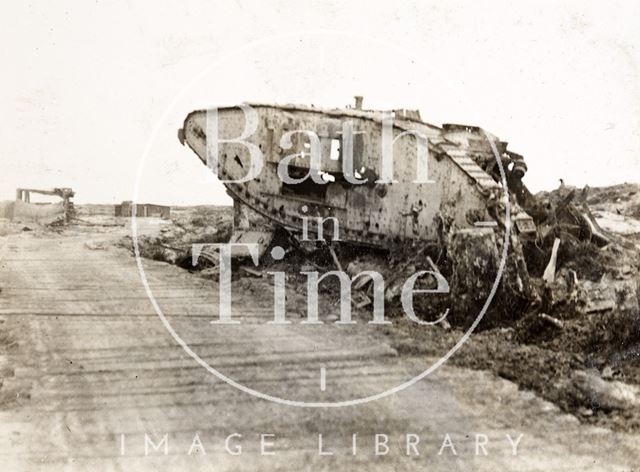 Wreck of a British tank on the Menin Road, Ypres, Belgium c.1916-1920