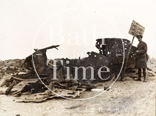 Wreck of a British tank on the Menin Road, Ypres, Belgium c.1916-1920