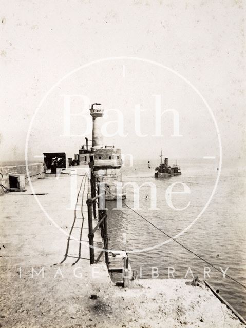 Looking along the Mole to the lighthouse, Zebrugge, Belgium c.1916-1920