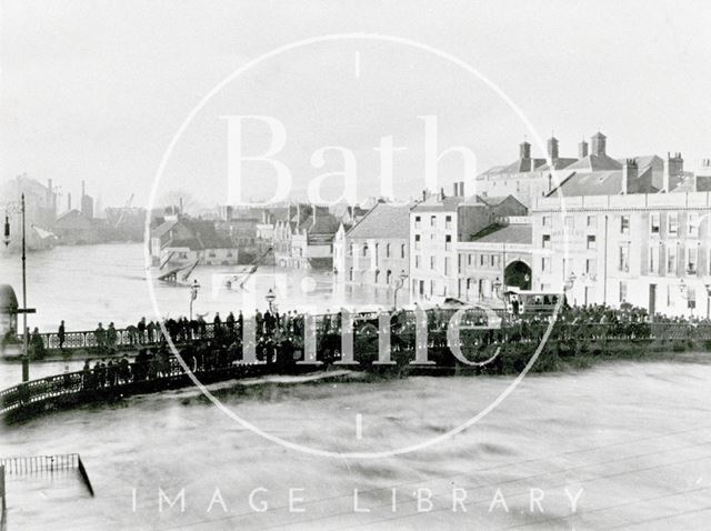 The flooded River Avon, Old Bridge and Broad Quay, Bath 1894