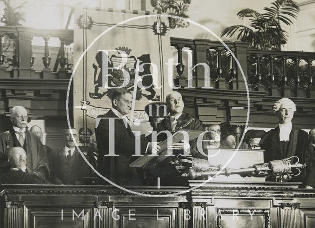 The Marquis of Bath being presented with freedom of Bath by the mayor in the concert hall of the Bath Pump Room 1929