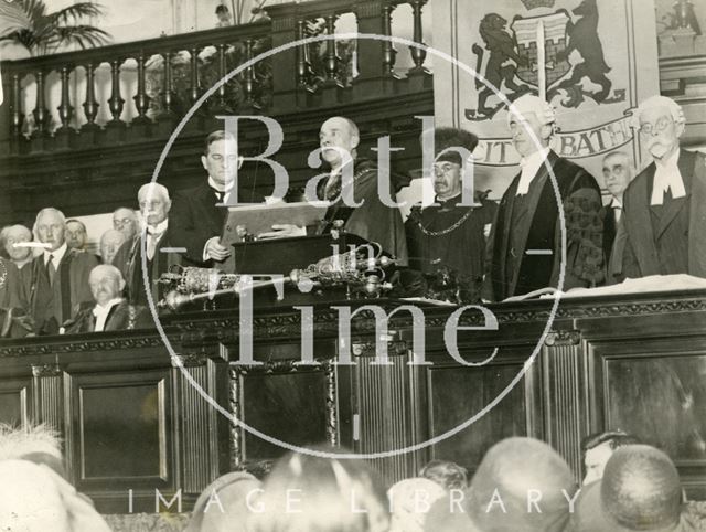 The Marquis of Bath being presented with freedom of Bath by the mayor in the concert hall of the Bath Pump Room 1929