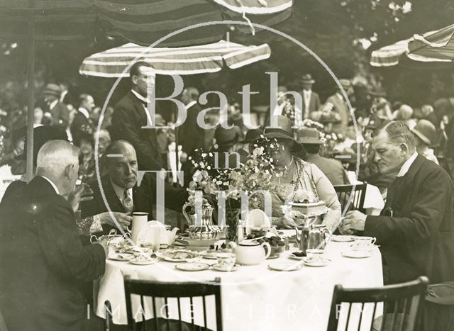 Lord Bath with the Mayor and the Mayoress having tea at the garden party in the Royal Victoria Park, Bath 1929