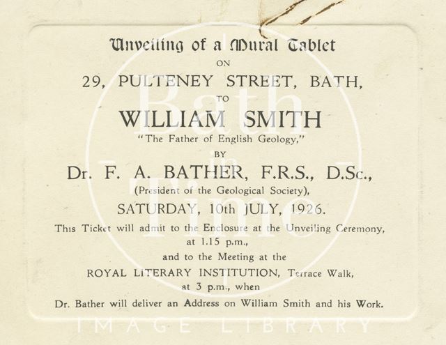 Invitation card to the unveiling of a tablet to honour William Smith 1926