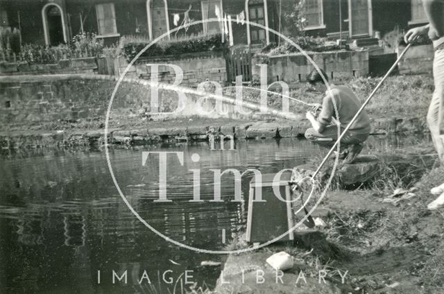 Fishing on the Kennet and Avon Canal in front of Waterloo Buildings, Widcombe, Bath 1958