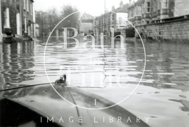 Looking from the front of a boat along Pulteney Road during the Bath Flood of 1960