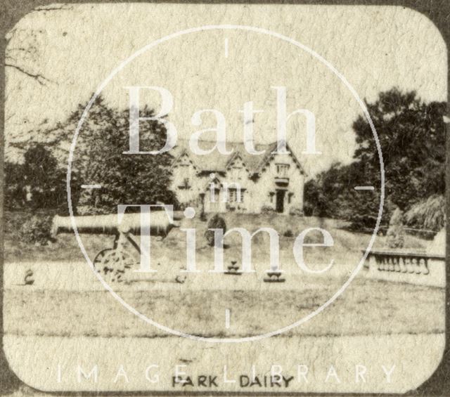 Cannons and the dairy at the entrance to Royal Victoria Park, Bath c.1863