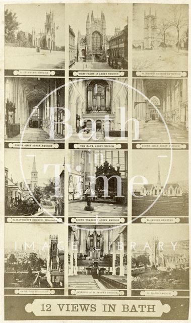 A multi-view carte de visite showing 12 views of Bath c.1868