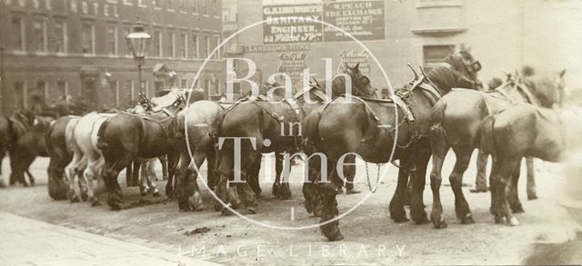 A row of horses waiting to drink from the fountain at the bottom of Lansdown Road, Bath c.1890