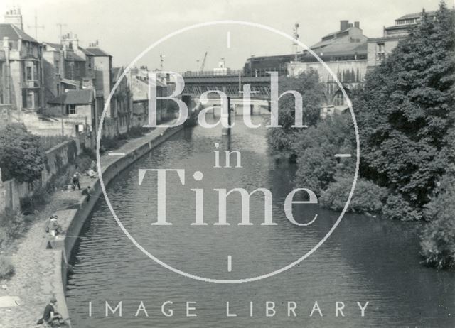 Fishing on the banks of the River Avon behind Claverton Street, Widcombe, Bath c.1960