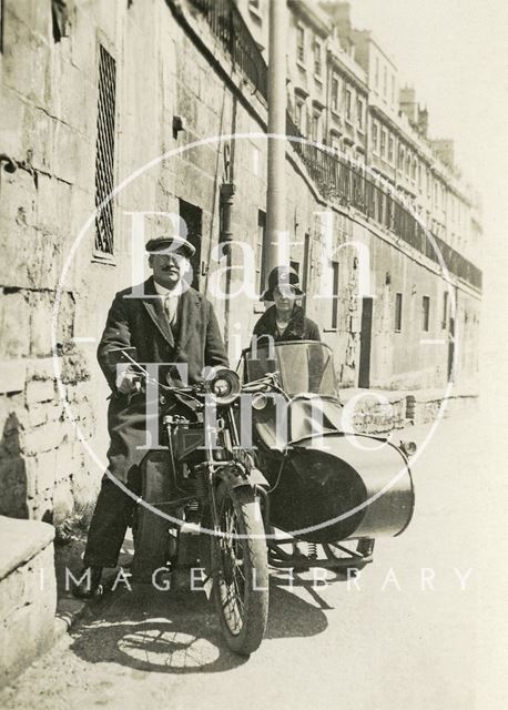 A motorcycle sidecar combination below Walcot Parade, London Road, Bath c.1920