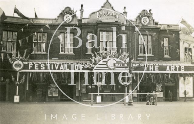 Bath Spa Station decorated for the inaugural Bath Festival of the Arts 1948