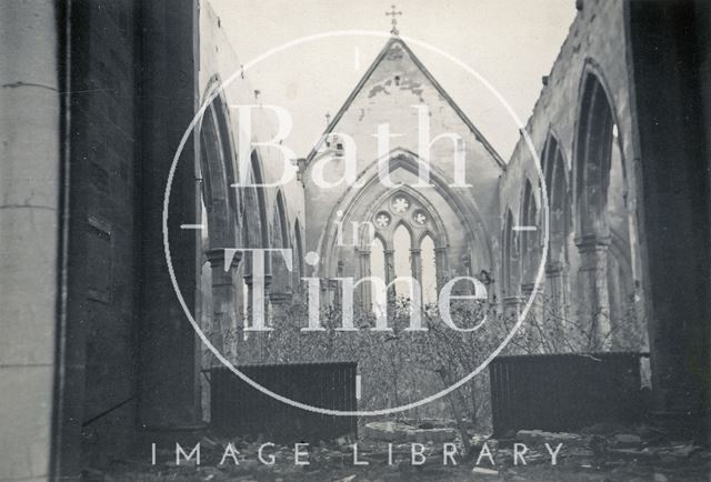 The ruined interior of St. Andrew's Church, Julian Road, Bath 1948