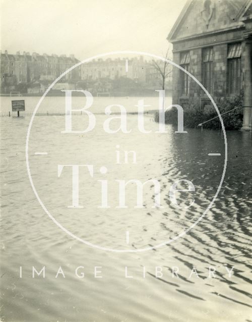 The flooded Recreation Ground and Pavilion, Bath 1954