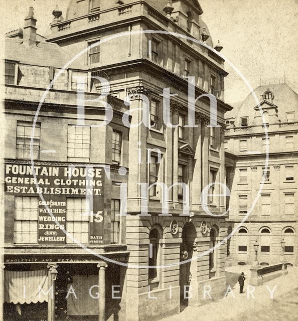 Fountain House, the entrance to the New Royal Baths and the Grand Pump Room Hotel, Stall Street, Bath c.1870