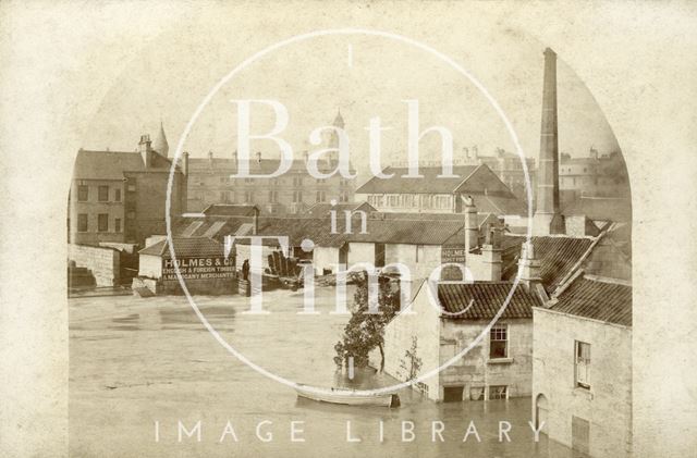 Dolemeads and the area downstream of St. John's Roman Catholic Church during the Bath flood 1882