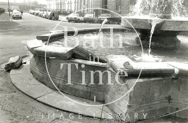 The fountain at Laura Place after being vandalised, Bath 1989