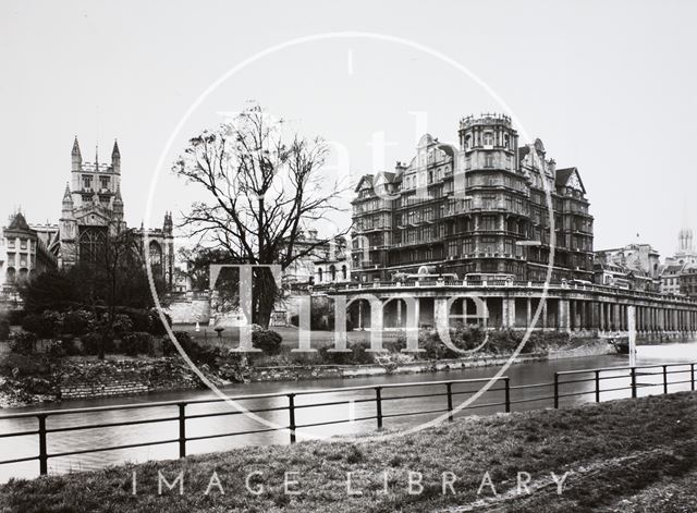 View from the river to the Empire Hotel, Abbey and Parade Gardens, Bath 1948