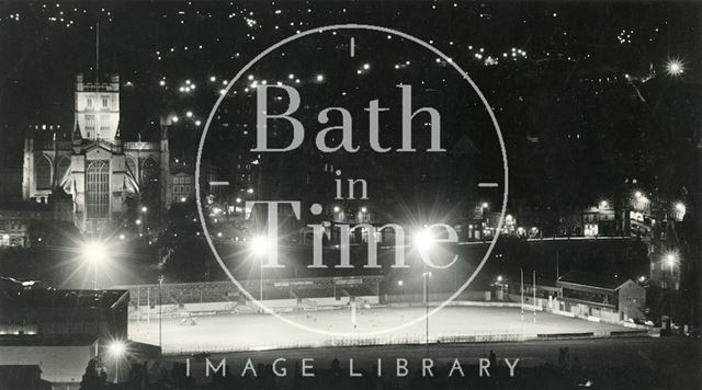 Evening view of the floodlit Recreation Ground, Bath 1985