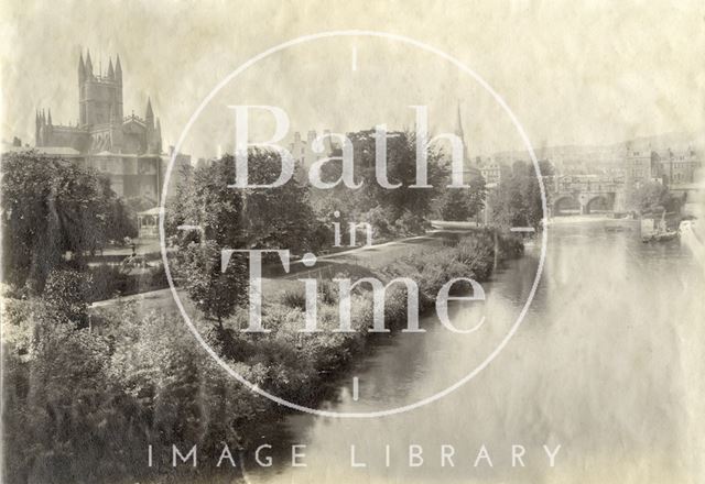 View of Institution Gardens, the river and Pulteney Bridge from North Parade Bridge, Bath c.1885