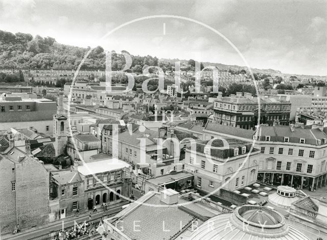 View from Bath Abbey tower looking down over the Roman Baths towards Swallow Street and the Gainsborough Hotel 1991