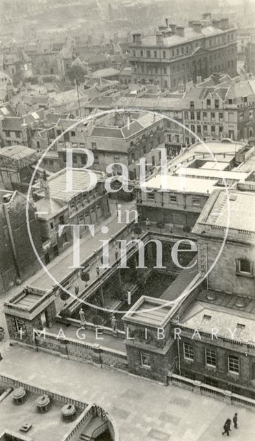 View from Bath Abbey tower looking down over the Roman Baths and Swallow Street c.1915