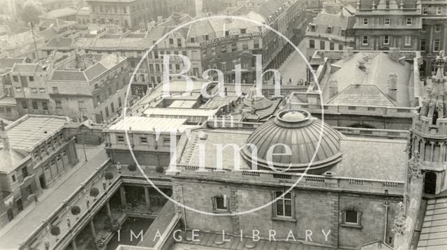 View from Bath Abbey tower looking down over the Roman Baths, Swallow Street and Bath Street c.1915