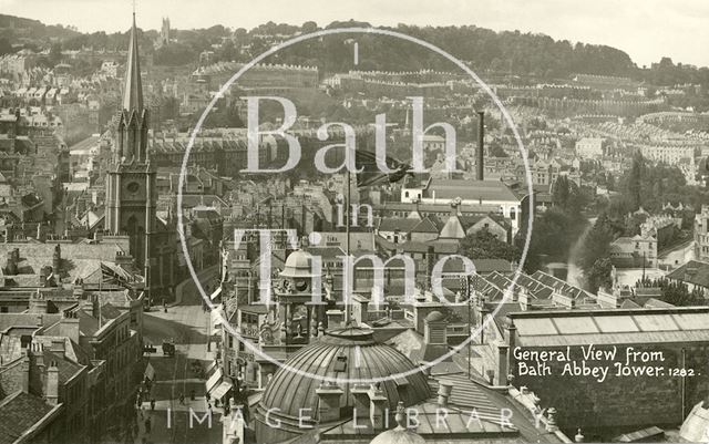 View of High Street towards St. Michael's Church from Bath Abbey Tower c.1915