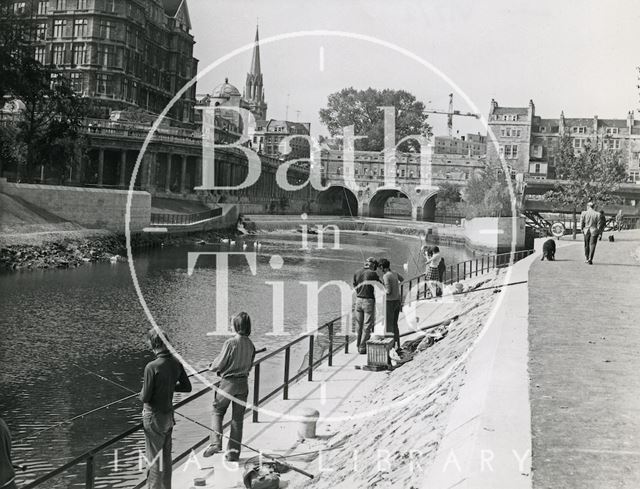 Fishing by the River Avon close to Pulteney Bridge, Bath 1972