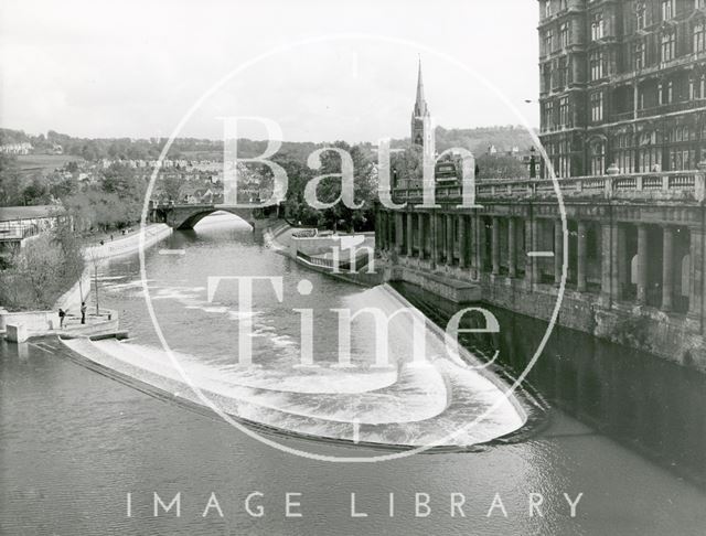 View of the newly constructed Pulteney Weir, Grand Parade and flood defence scheme, Bath 1972