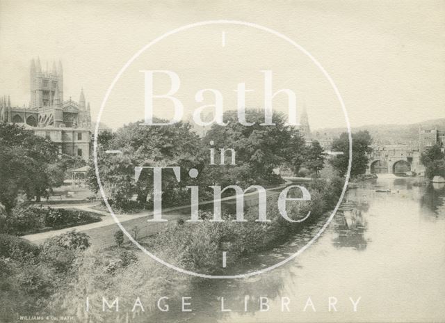 View of Parade Gardens and Pulteney Bridge from North Parade Bridge, Bath c.1900