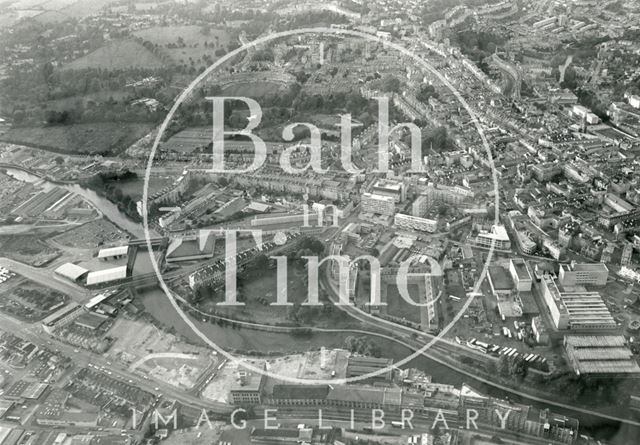 Aerial view of Green Park, Kingsmead Flats and the Newark Works, Bath 1985