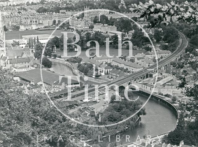 Aerial view of Bath Spa Station and the cricket ground 1986