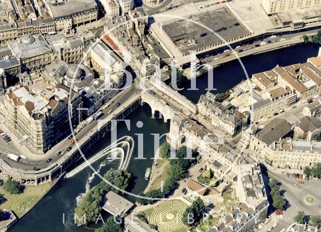 Aerial view of the weir at Pulteney Bridge and Podium site, Bath c.1980