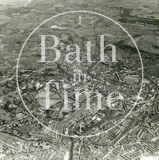 Aerial view of Bath, Lansdown and the countryside beyond towards Bathford 1954