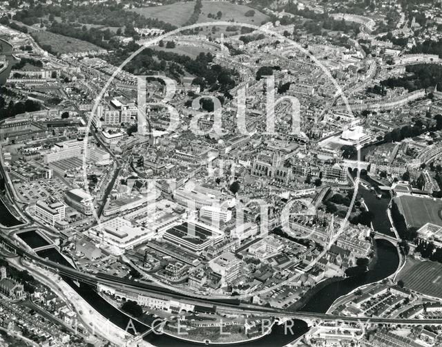 Aerial view of Bath showing the newly built Beaufort (now Hilton) hotel and Southgate Shopping Centre 1975