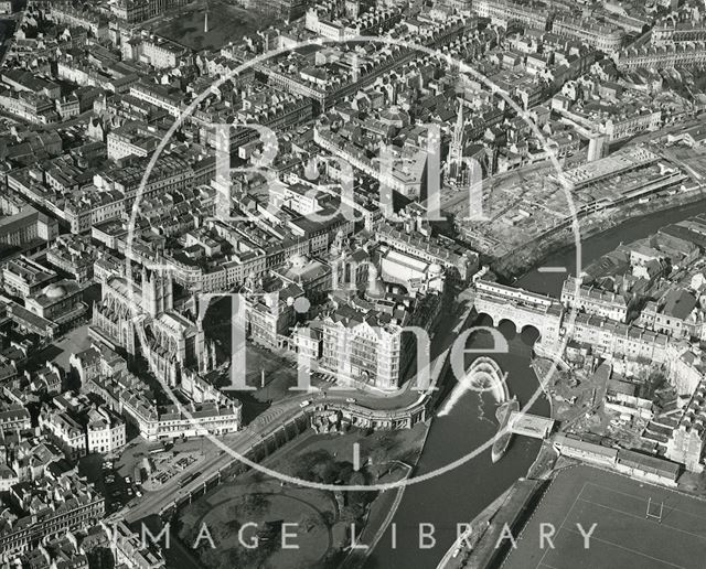 Aerial view of Bath and the new weir at Pulteney Bridge 1972